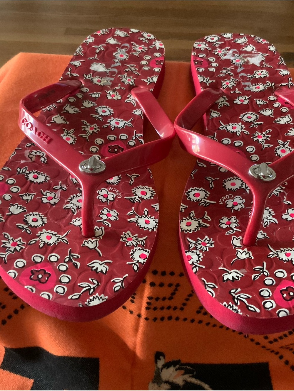 Coach Red Floral Flip Flop Sandals